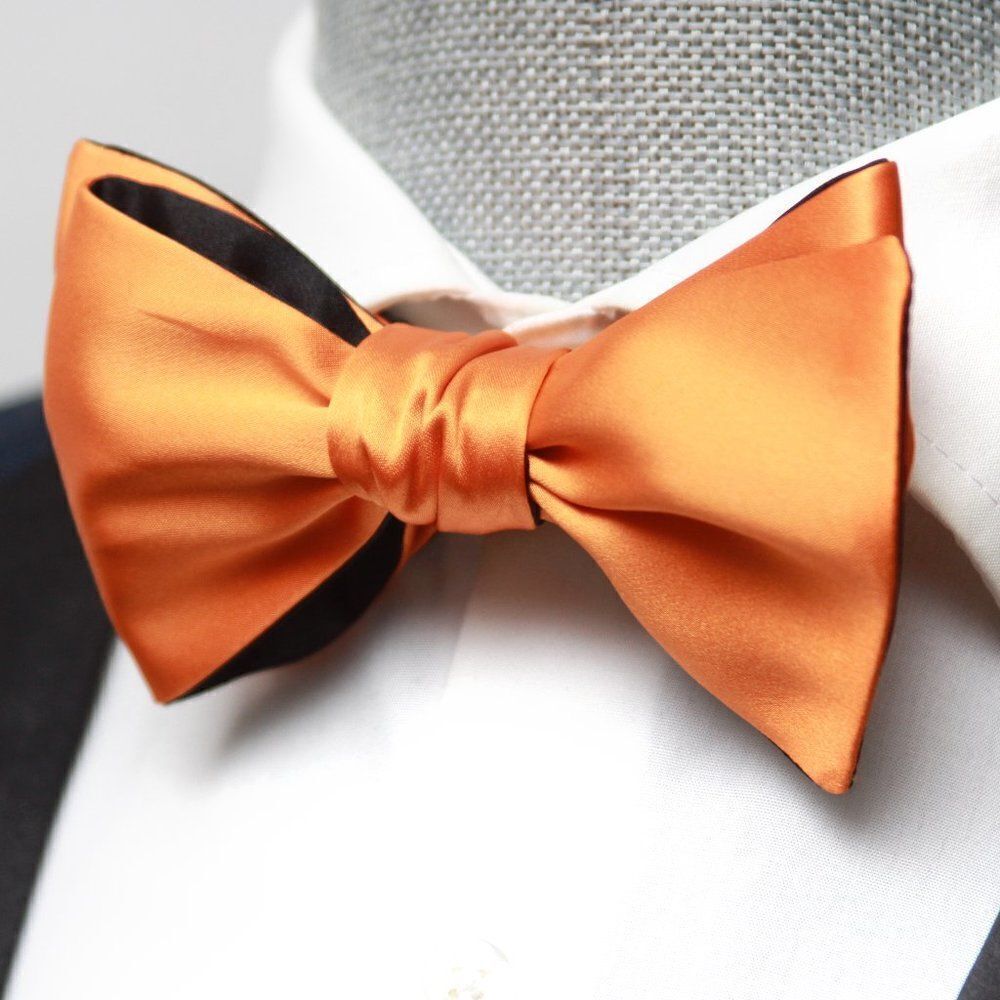Men's bow tie‎ Orange Black Reversible Silk Bow tie Self-tied SR419